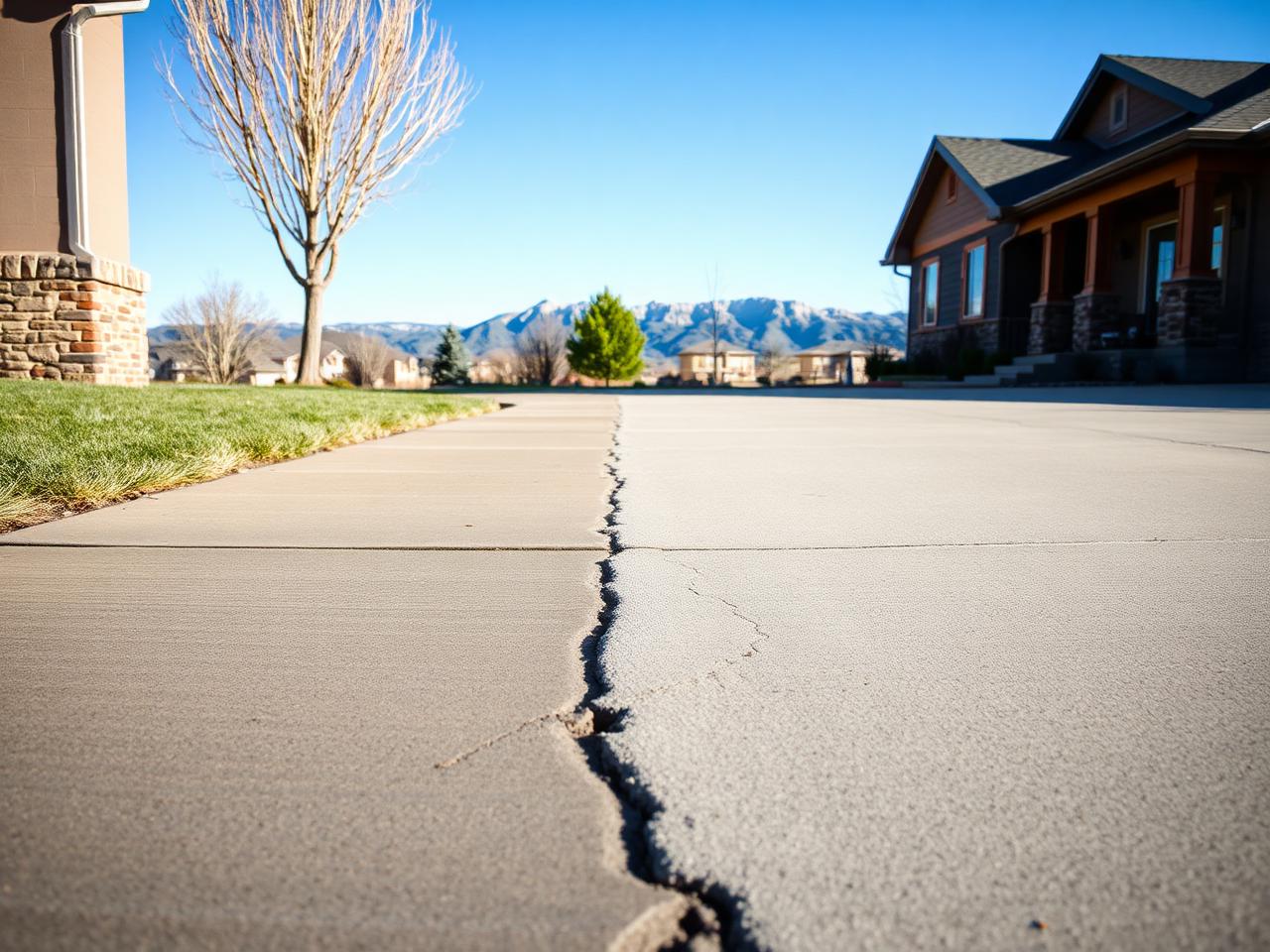 Cracked and settled concrete driveway at a Colorado home